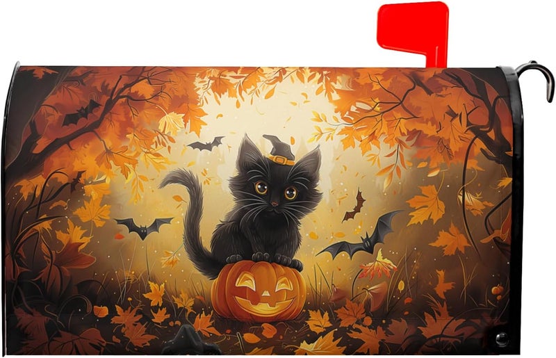 Granbey Halloween Cat Magnetic Mailbox Covers Spooky Kitten Pumpkin Waterproof Letter Box Cover Standard Size Fall Maple Leaf Forest Bat Decorative Holiday Post Wraps for Home Garden Yard Outdoor 21x18 Inch - Image 1